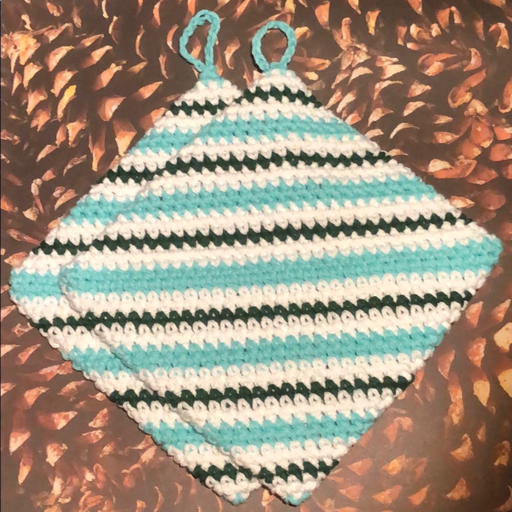 Mint stripe potholders cotton hand crochet
